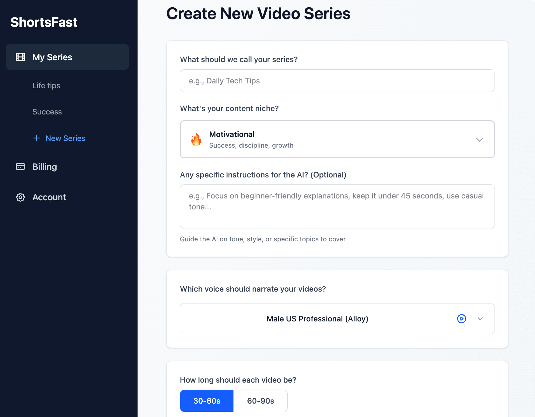 ShortsFast Product Interface - Create Your Faceless Video